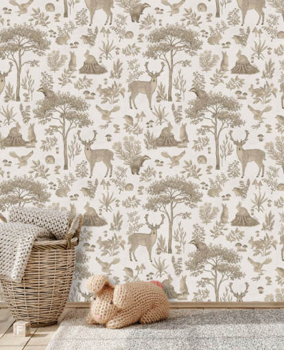 papier peint mural blanc pour enfants appelé Vintage White Fantastic Forest par Kikki Belle pour chambres d'enfants