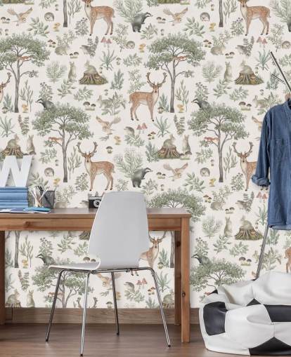 witte kinderbosbehangmuurschildering genaamd White Fantastic Forest van Kikki Belle voor een kinderkamer of kinderkamer