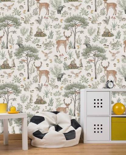 white children's forest wallpaper mural called White Fantastic Forest by Kikki Belle for a nursery or kid's bedroom