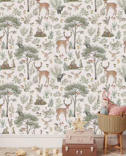papier peint mural blanc pour enfants appelé White Fantastic Forest par Kikki Belle pour une crèche ou une chambre d'enfant