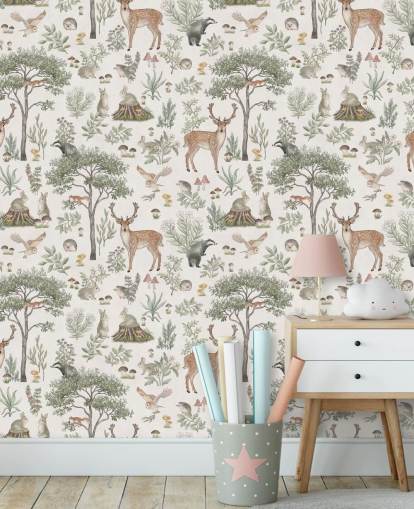 papier peint mural blanc pour enfants appelé White Fantastic Forest par Kikki Belle pour une crèche ou une chambre d'enfant papier peint mural blanc pour enfants appelé White Fantastic Forest par Kikki Belle pour une crèche ou une chambre d'enfant