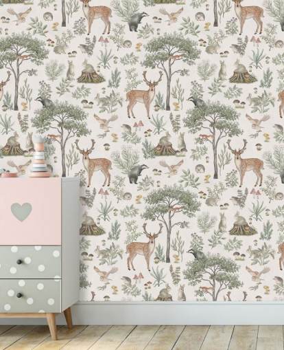white children's forest wallpaper mural called White Fantastic Forest by Kikki Belle for a nursery or kid's bedroom