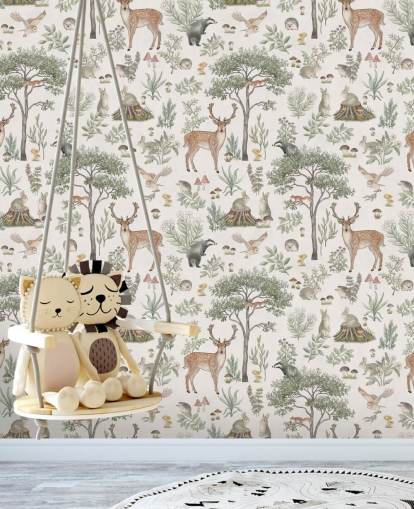 mural de papel pintado de bosque blanco para niños llamado White Fantastic Forest de Kikki Belle para una guardería o dormitorio infantil mural de papel pintado de bosque blanco para niños llamado White Fantastic Forest de Kikki Belle para una guardería o dormitorio infantil