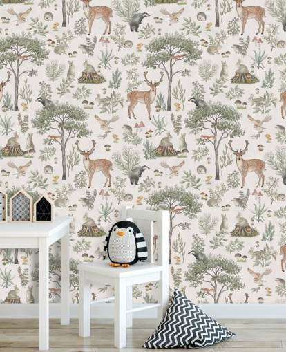 carta da parati murale bianca per bambini chiamata White Fantastic Forest di Kikki Belle per un asilo nido o una camera da letto per bambini