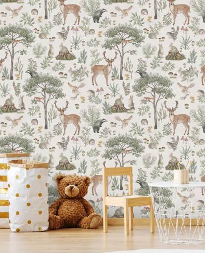 weiße Waldtapete für Kinder namens White Fantastic Forest von Kikki Belle für ein Baby- oder Kinderzimmer weiße Waldtapete für Kinder namens White Fantastic Forest von Kikki Belle für ein Baby- oder Kinderzimmer