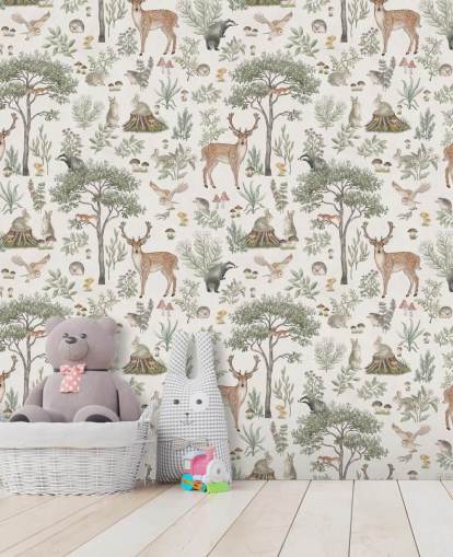 vit barns skogstapetväggmålning kallad White Fantastic Forest av Kikki Belle för en plantskola eller barns sovrum
