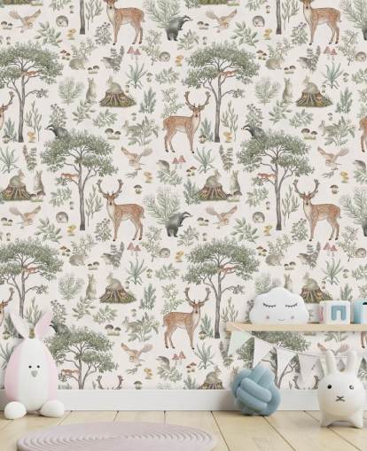 weiße Waldtapete für Kinder namens White Fantastic Forest von Kikki Belle für ein Baby- oder Kinderzimmer