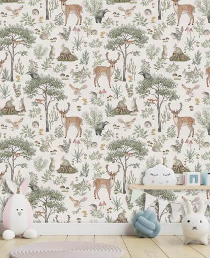 witte kinderbosbehangmuurschildering genaamd White Fantastic Forest van Kikki Belle voor een kinderkamer of kinderkamer witte kinderbosbehangmuurschildering genaamd White Fantastic Forest van Kikki Belle voor een kinderkamer of kinderkamer