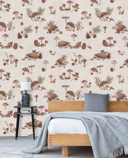 papier peint mural en forme de hérisson pour enfants appelé Happy Hedgehogs par Kikki Belle pour les chambres d'enfants et les crèches