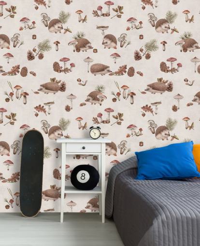 behangmuurschildering voor kinderen genaamd Happy Hedgehogs van Kikki Belle voor kinderkamers en kinderdagverblijven