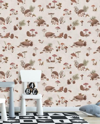 behangmuurschildering voor kinderen genaamd Happy Hedgehogs van Kikki Belle voor kinderkamers en kinderdagverblijven