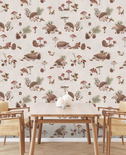 papier peint mural en forme de hérisson pour enfants appelé Happy Hedgehogs par Kikki Belle pour les chambres d'enfants et les crèches