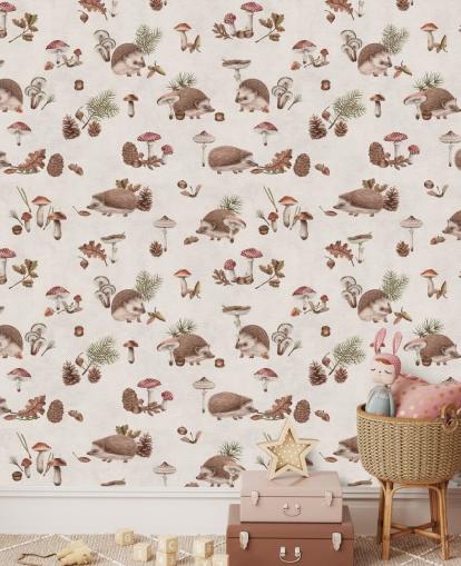 Carta da parati murale a forma di riccio per bambini chiamata Happy Hedgehogs di Kikki Belle per camerette e asili
