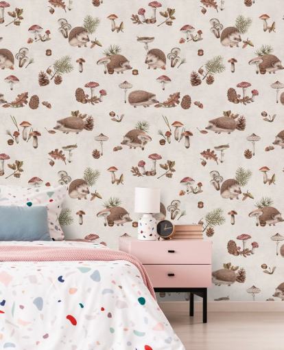 Carta da parati murale a forma di riccio per bambini chiamata Happy Hedgehogs di Kikki Belle per camerette e asili