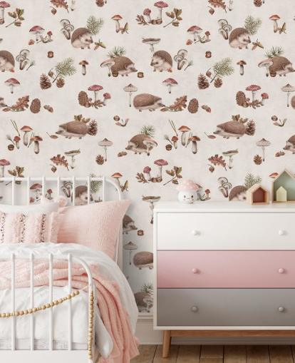 tapetväggmålning för barn igelkott som heter Happy Hedgehogs av Kikki Belle för barnens sovrum och plantskolor