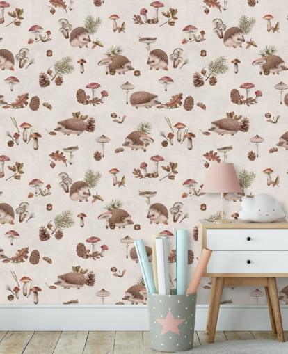 kids hedgehog wallpaper mural called Happy Hedgehogs by Kikki Belle for kids bedrooms and nurseries
