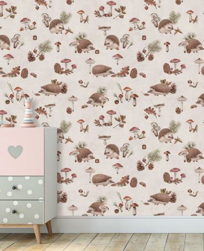 mural de papel pintado de erizos para niños llamado Happy Hedgehogs de Kikki Belle para dormitorios y guarderías infantiles
