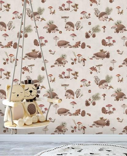 behangmuurschildering voor kinderen genaamd Happy Hedgehogs van Kikki Belle voor kinderkamers en kinderdagverblijven behangmuurschildering voor kinderen genaamd Happy Hedgehogs van Kikki Belle voor kinderkamers en kinderdagverblijven