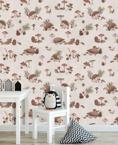 Carta da parati murale a forma di riccio per bambini chiamata Happy Hedgehogs di Kikki Belle per camerette e asili