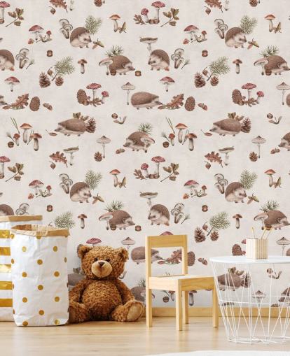 behangmuurschildering voor kinderen genaamd Happy Hedgehogs van Kikki Belle voor kinderkamers en kinderdagverblijven