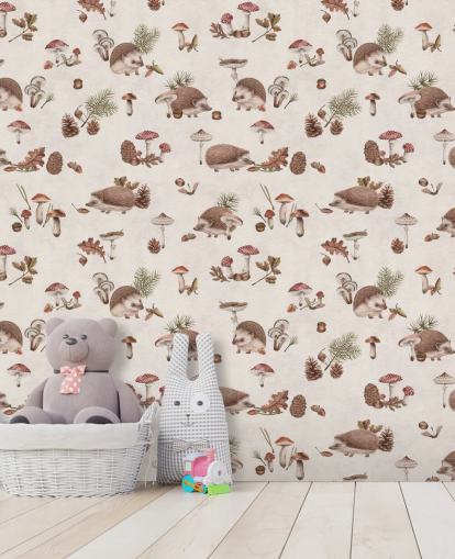 mural de papel pintado de erizos para niños llamado Happy Hedgehogs de Kikki Belle para dormitorios y guarderías infantiles