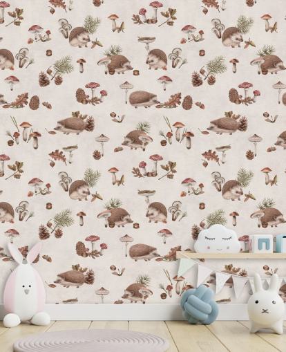 mural de papel pintado de erizos para niños llamado Happy Hedgehogs de Kikki Belle para dormitorios y guarderías infantiles