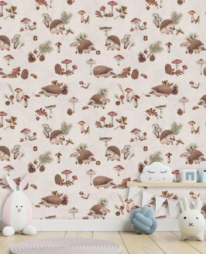 Igel-Tapete für Kinder mit dem Titel Happy Hedgehogs von Kikki Belle für Kinderzimmer und Kinderzimmer