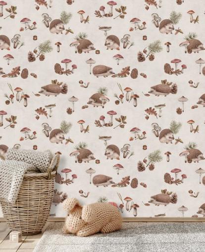 kids hedgehog wallpaper mural called Happy Hedgehogs by Kikki Belle for kids bedrooms and nurseries