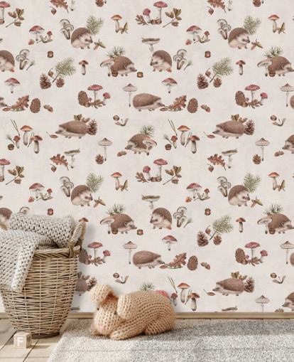 papier peint mural en forme de hérisson pour enfants appelé Happy Hedgehogs par Kikki Belle pour les chambres d'enfants et les crèches
