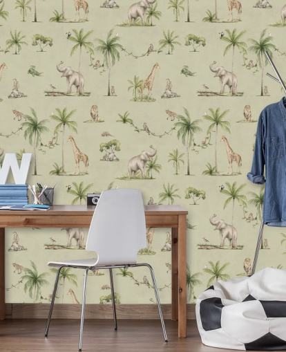 grön barndjungel tapetväggmålning som heter Green Joyful Jungle av Kikki Belle för barns sovrum grön barndjungel tapetväggmålning som heter Green Joyful Jungle av Kikki Belle för barns sovrum