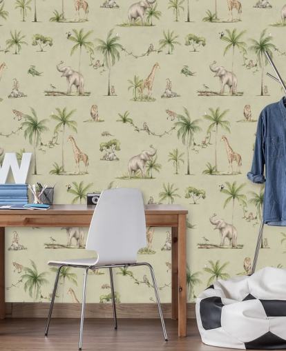 mural de papel de parede verde para crianças chamado Green Joyful Jungle de Kikki Belle para quartos infantis