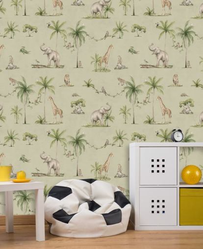 green children's jungle wallpaper mural called Green Joyful Jungle by Kikki Belle for kid's bedrooms