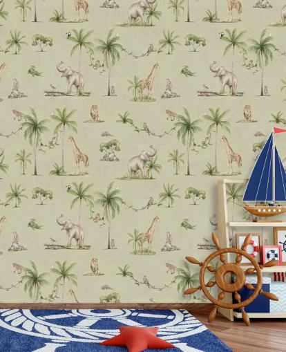 green children's jungle wallpaper mural called Green Joyful Jungle by Kikki Belle for kid's bedrooms