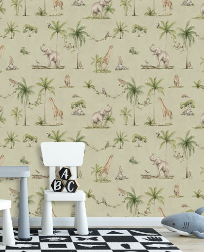 grön barndjungel tapetväggmålning som heter Green Joyful Jungle av Kikki Belle för barns sovrum grön barndjungel tapetväggmålning som heter Green Joyful Jungle av Kikki Belle för barns sovrum