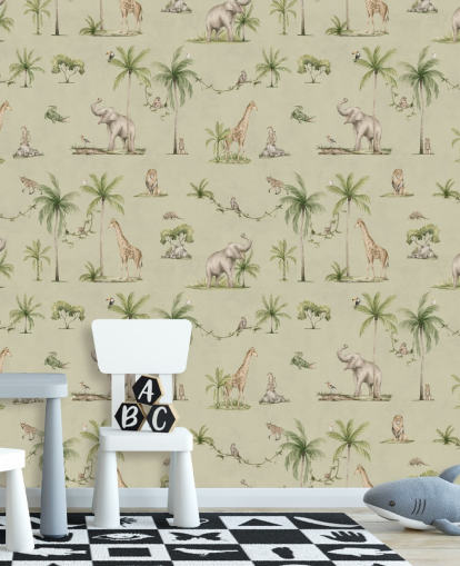 grønn barnas jungel tapetmaleri kalt Green Joyful Jungle av Kikki Belle for barnas soverom