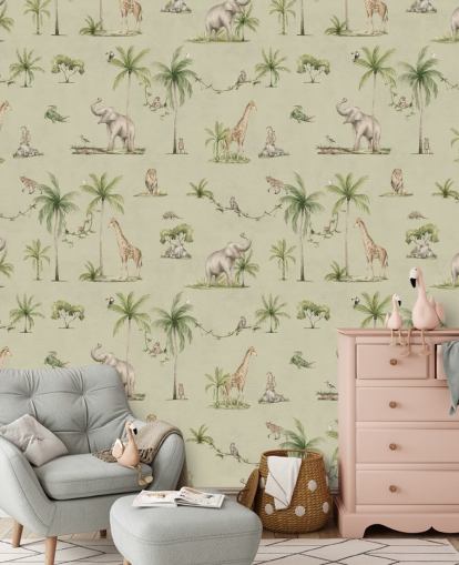 carta da parati murale verde per bambini chiamata Green Joyful Jungle di Kikki Belle per le camerette dei bambini