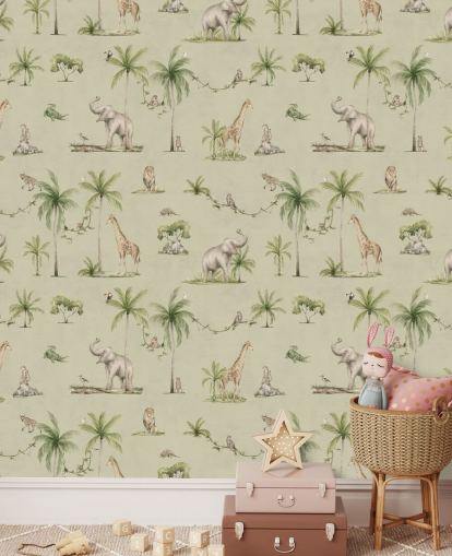 mural de papel de parede verde para crianças chamado Green Joyful Jungle de Kikki Belle para quartos infantis