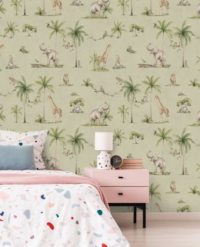 green children's jungle wallpaper mural called Green Joyful Jungle by Kikki Belle for kid's bedrooms