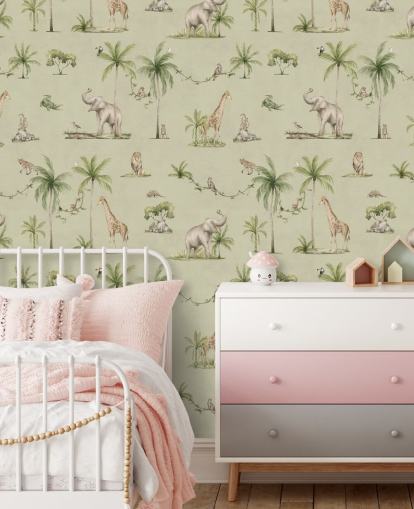 groene jungle behangmuurschildering voor kinderen genaamd Green Joyful Jungle van Kikki Belle voor kinderkamers