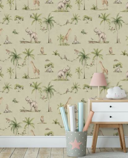 green children's jungle wallpaper mural called Green Joyful Jungle by Kikki Belle for kid's bedrooms