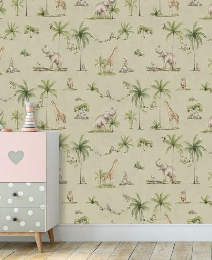 mural de papel de parede verde para crianças chamado Green Joyful Jungle de Kikki Belle para quartos infantis