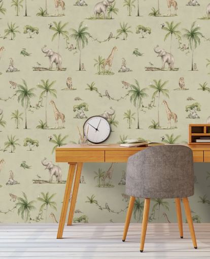 green children's jungle wallpaper mural called Green Joyful Jungle by Kikki Belle for kid's bedrooms green children's jungle wallpaper mural called Green Joyful Jungle by Kikki Belle for kid's bedrooms