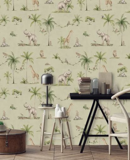 green children's jungle wallpaper mural called Green Joyful Jungle by Kikki Belle for kid's bedrooms
