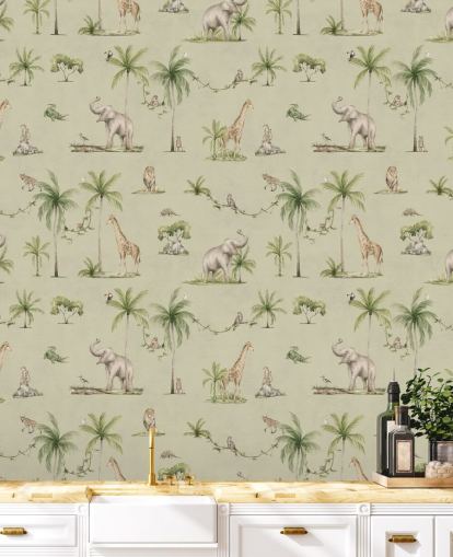 green children's jungle wallpaper mural called Green Joyful Jungle by Kikki Belle for kid's bedrooms green children's jungle wallpaper mural called Green Joyful Jungle by Kikki Belle for kid's bedrooms
