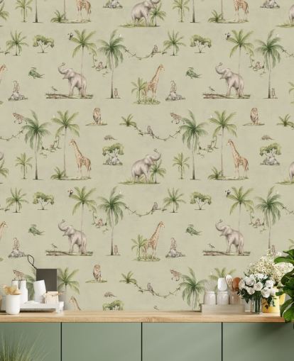 mural verde de la jungla infantil llamado Green Joyful Jungle de Kikki Belle para dormitorios de niños