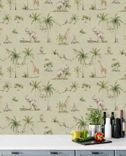 green children's jungle wallpaper mural called Green Joyful Jungle by Kikki Belle for kid's bedrooms