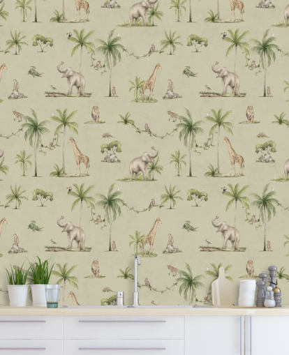 mural verde de la jungla infantil llamado Green Joyful Jungle de Kikki Belle para dormitorios de niños