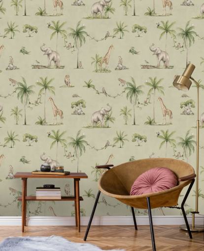 green children's jungle wallpaper mural called Green Joyful Jungle by Kikki Belle for kid's bedrooms