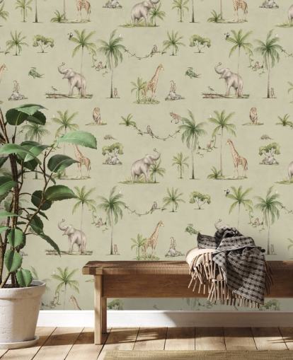 green children's jungle wallpaper mural called Green Joyful Jungle by Kikki Belle for kid's bedrooms