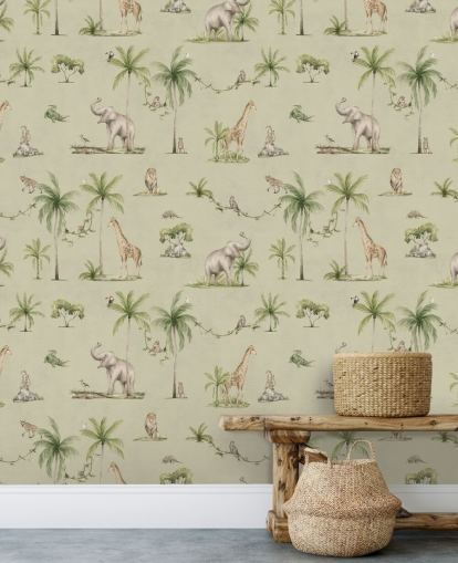 green children's jungle wallpaper mural called Green Joyful Jungle by Kikki Belle for kid's bedrooms green children's jungle wallpaper mural called Green Joyful Jungle by Kikki Belle for kid's bedrooms